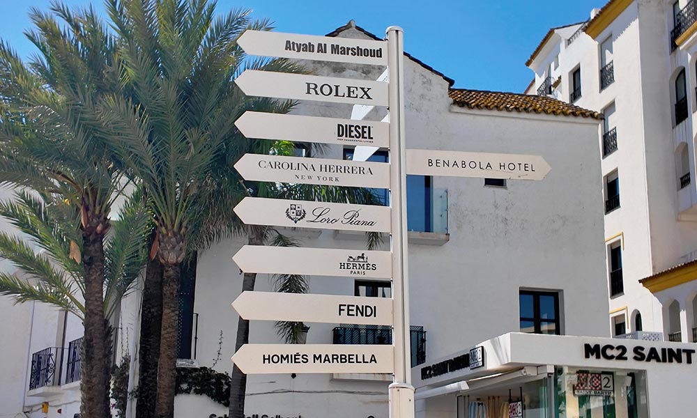 Marbella shopping - Puerto Banus shops sign